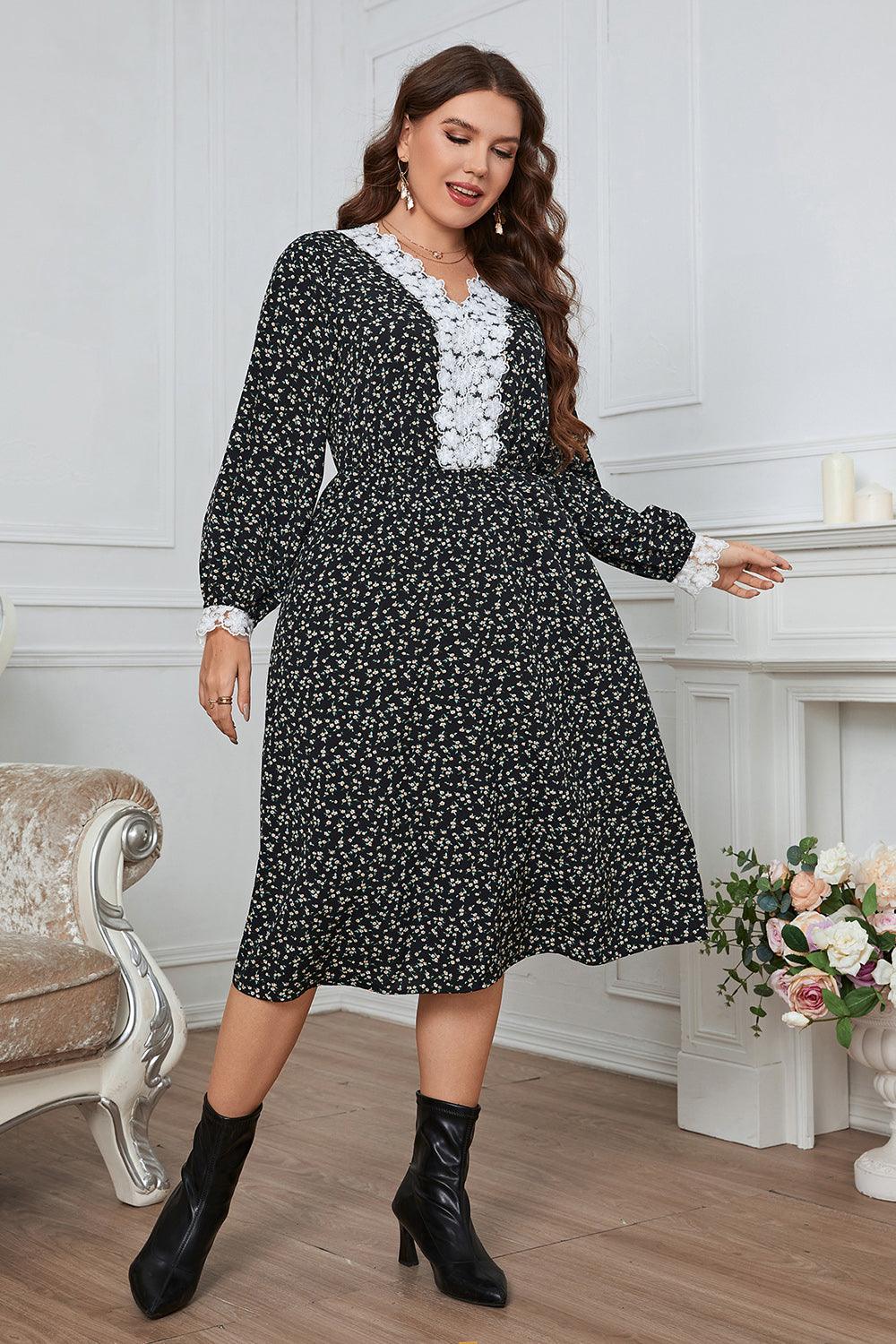 Plus Size Lace Detail V-Neck Dress - Lucianne Boutique