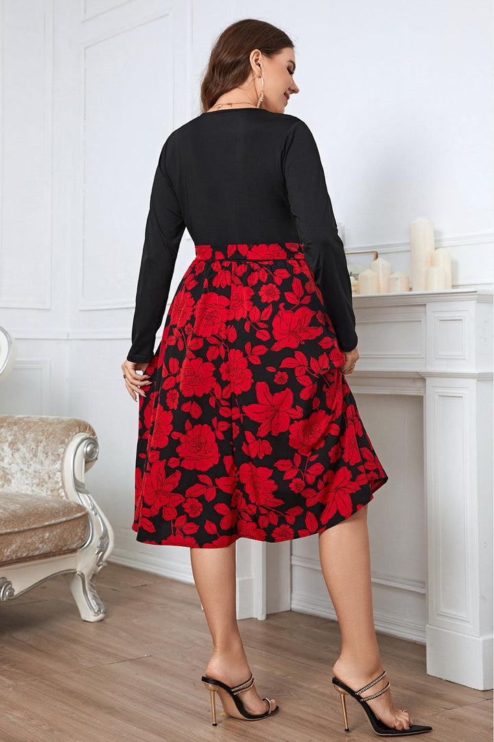 Plus Size Floral Surplice Neck Long Sleeve Dress - Lucianne Boutique