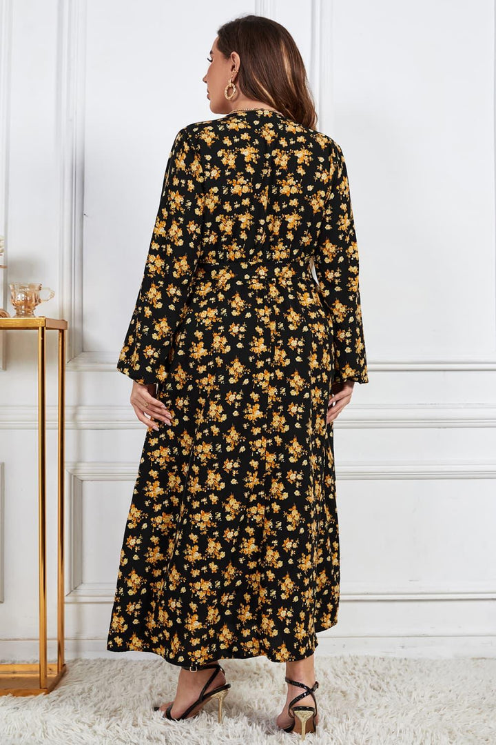 Melo Apparel Plus Size Floral Surplice Neck Long Sleeve Dress - Lucianne Boutique