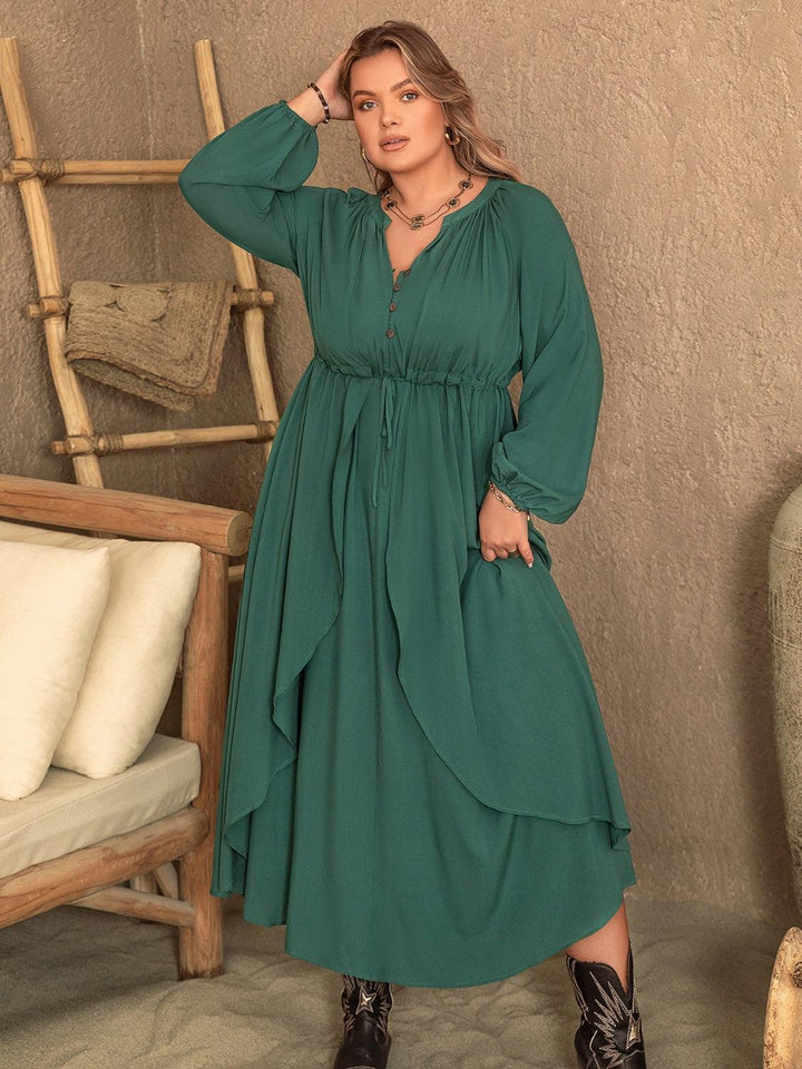 Plus Size Notched Layered Balloon Sleeve Midi Dress - Lucianne Boutique