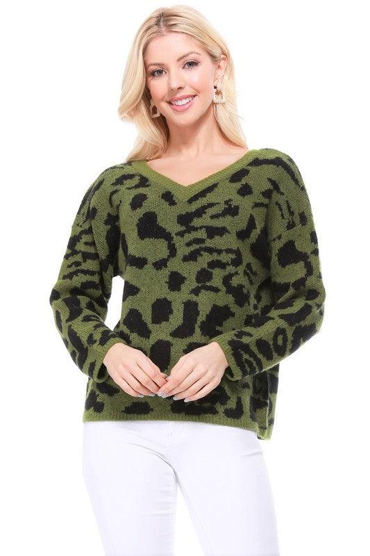 Leopard Pattern Jacquard Sweater Pull Over Top - Lucianne Boutique
