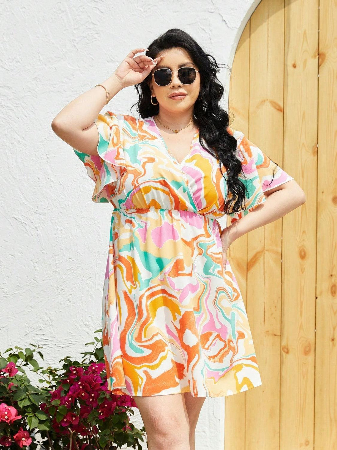 Plus Size Printed Surplice Flutter Sleeve Mini Dress - Lucianne Boutique