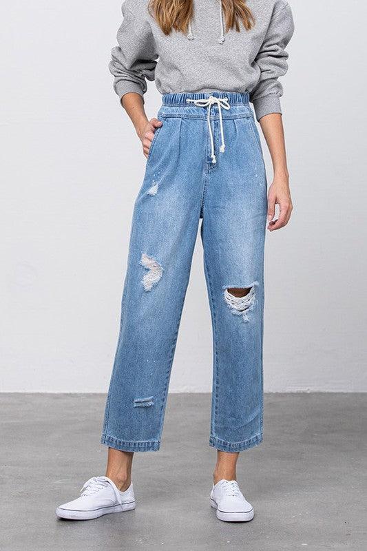 Super High Waist Drawstring Ripped Slouch Jeans - Lucianne Boutique