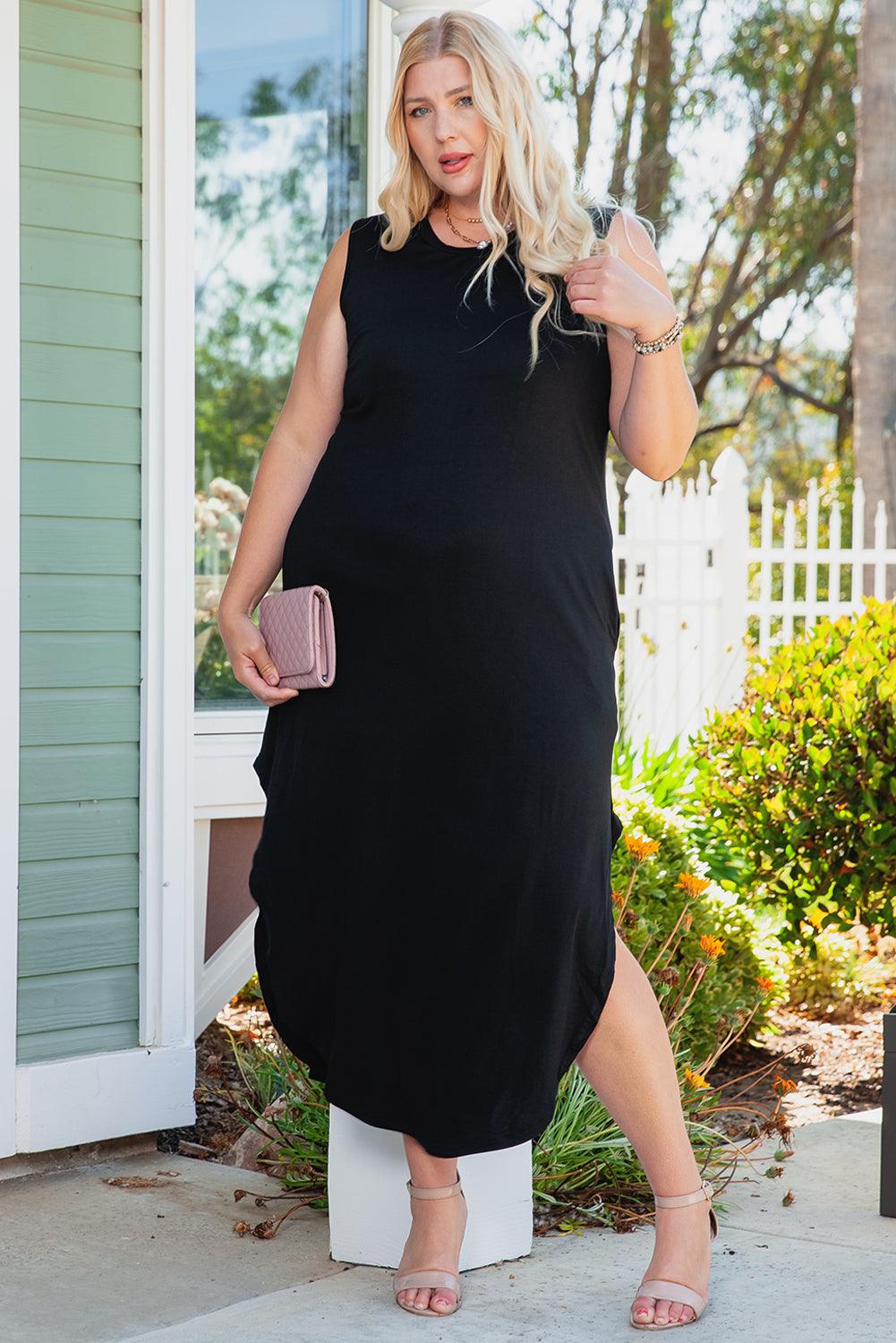 Plus Size Sleeveless Midi Slit Dress with Pockets - Lucianne Boutique