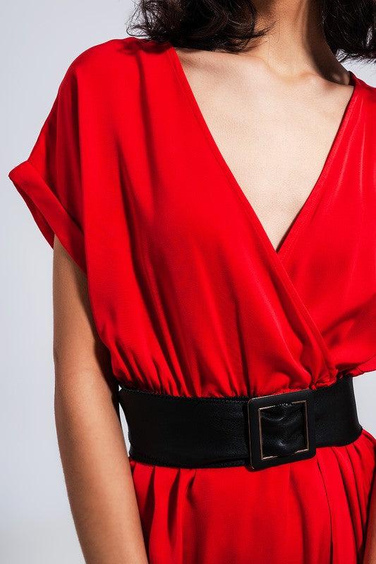 SHORT SLEEVE SATIN MAXI DRESS IN RED - Lucianne Boutique