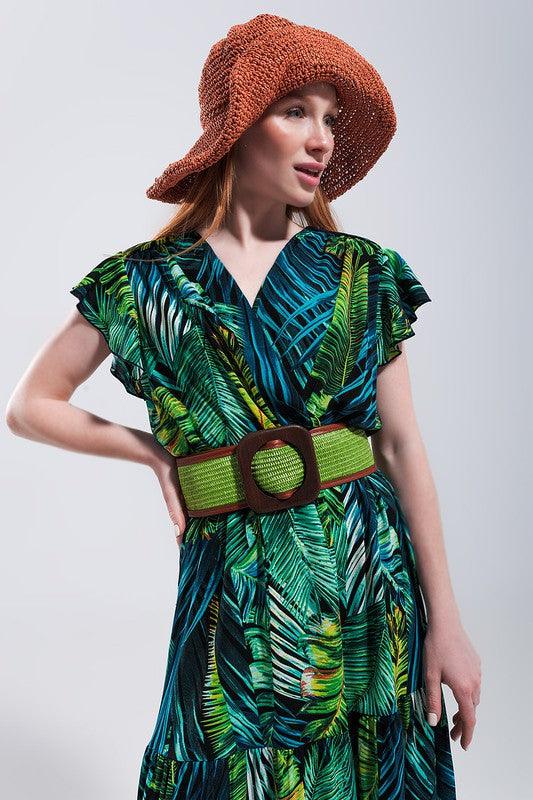 SHORT SLEEVE TIERED MIDI DRESS IN TROPICAL PRINT - Lucianne Boutique