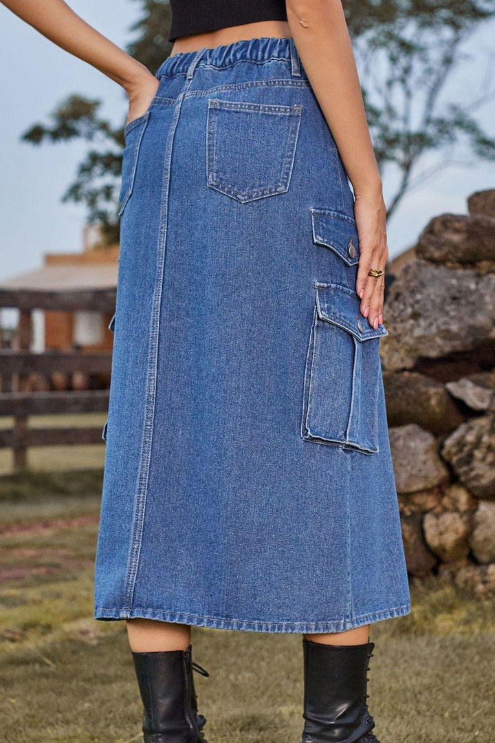 Slit Front Midi Denim Skirt with Pockets - Lucianne Boutique