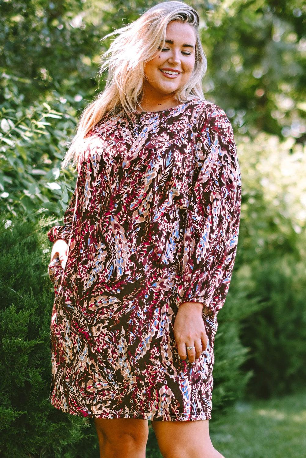 Plus Size Printed Round Neck Long Sleeve Mini Dress - Lucianne Boutique