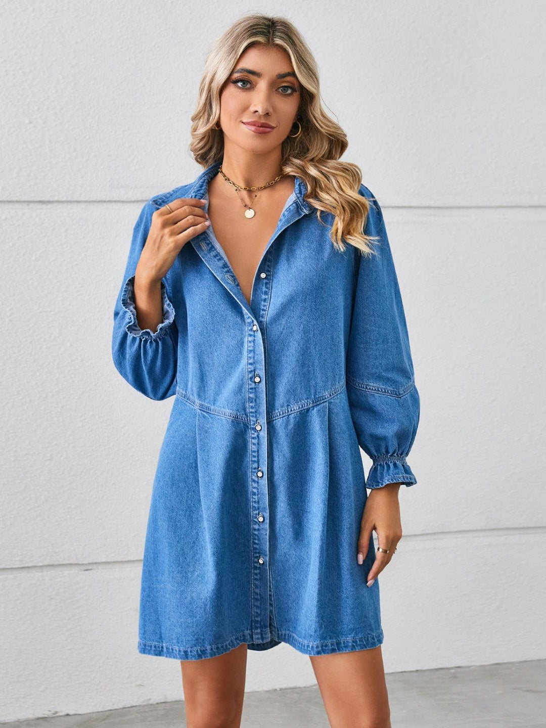 Button Up Flounce Sleeve Mini Denim Dress - Lucianne Boutique