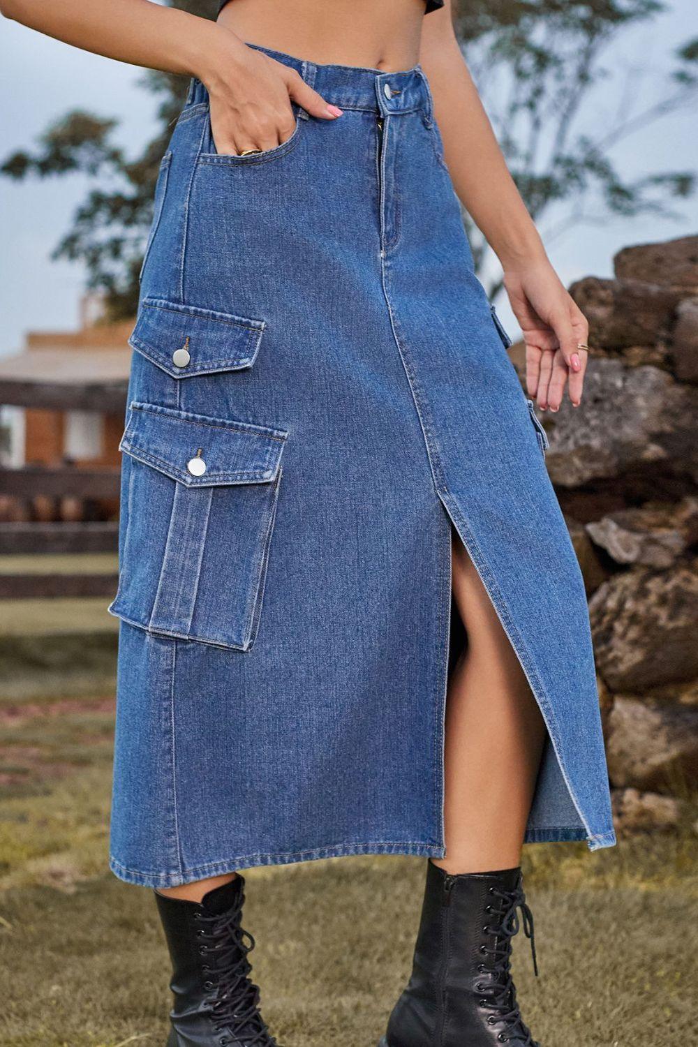 Slit Front Midi Denim Skirt with Pockets - Lucianne Boutique
