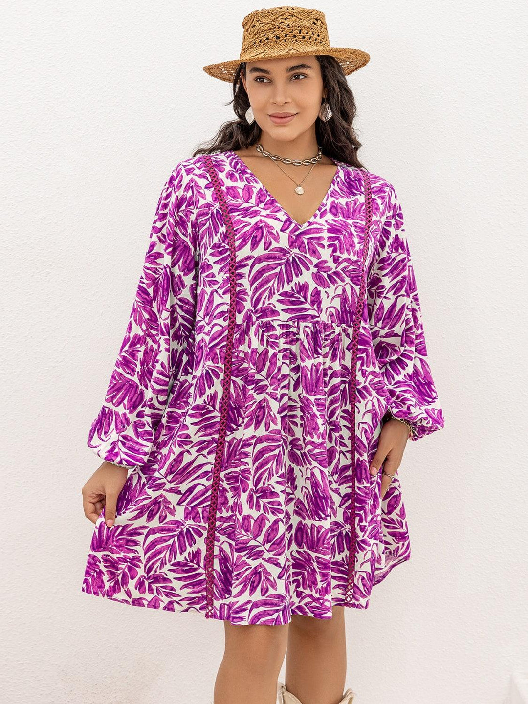 Plus Size Printed V-Neck Balloon Sleeve Mini Dress - Lucianne Boutique