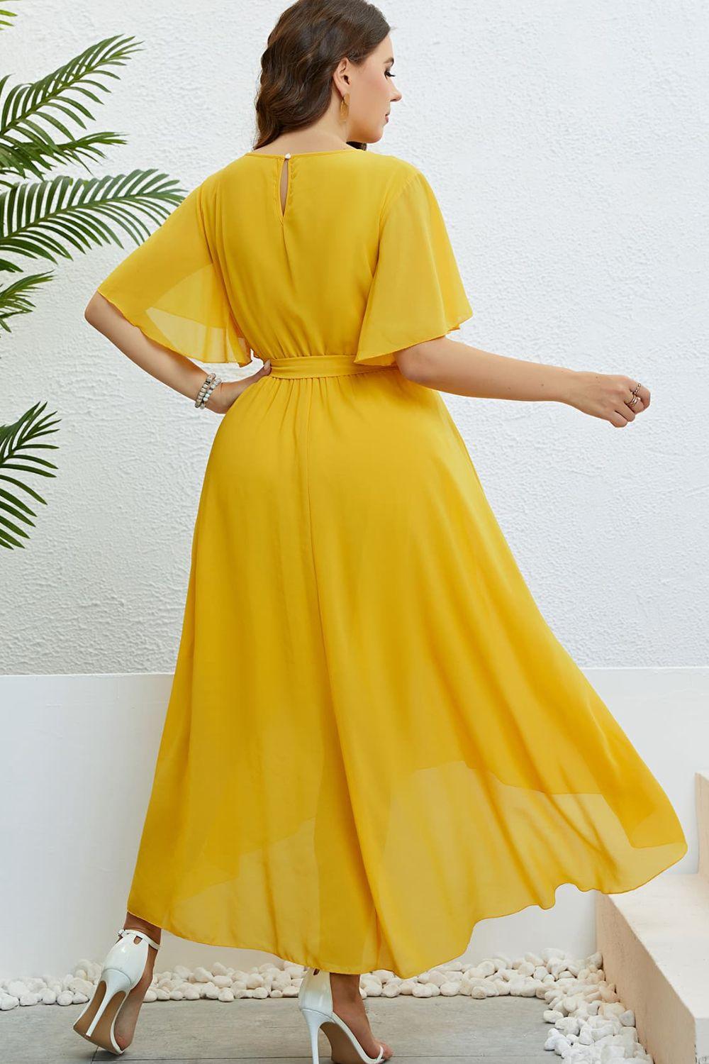 Belted Flutter Sleeve High-Low Dress - Lucianne Boutique