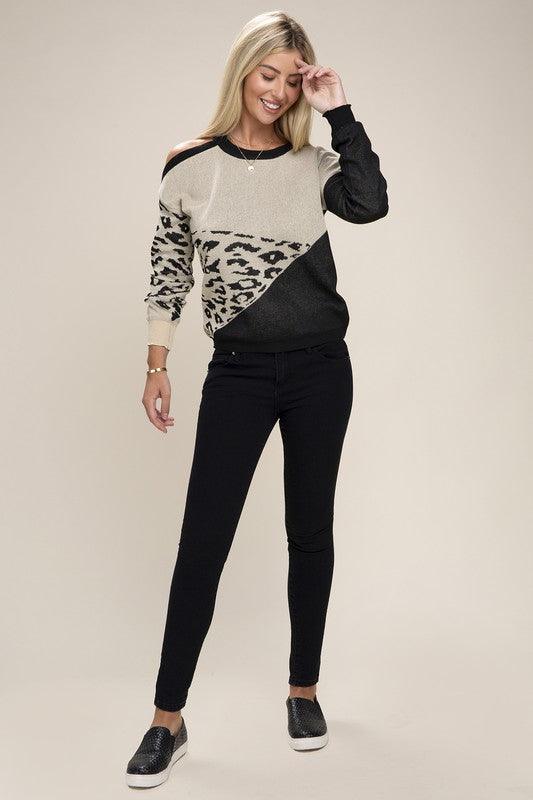 Leopard Print Color Block Sweater - Lucianne Boutique