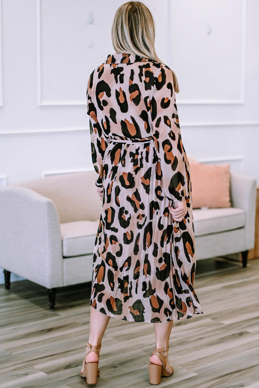 Plus Size Leopard Print Surplice Neck Long Sleeve Midi Dress - Lucianne Boutique
