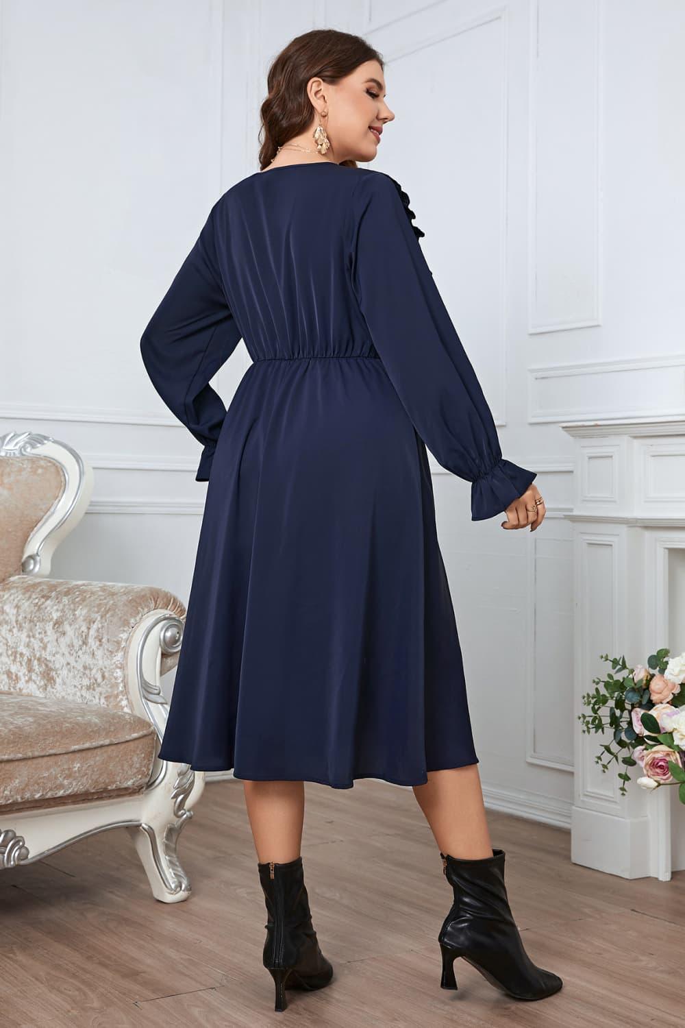 Melo Apparel Plus Size V-Neck Buttoned Flounce Sleeve Dress - Lucianne Boutique
