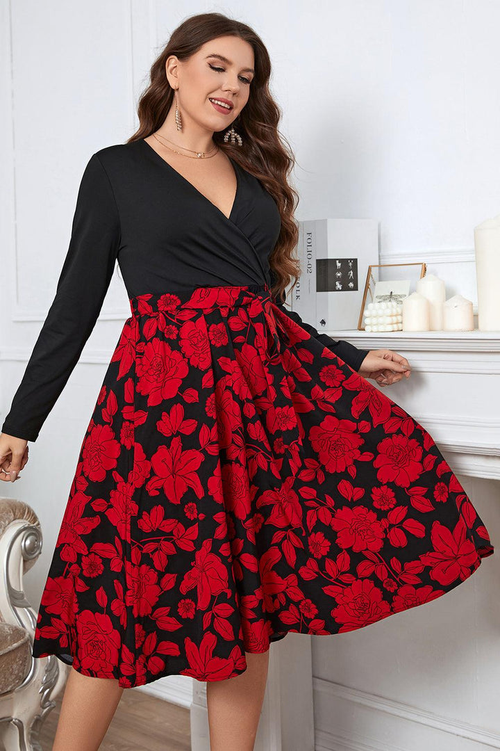 Plus Size Floral Surplice Neck Long Sleeve Dress - Lucianne Boutique