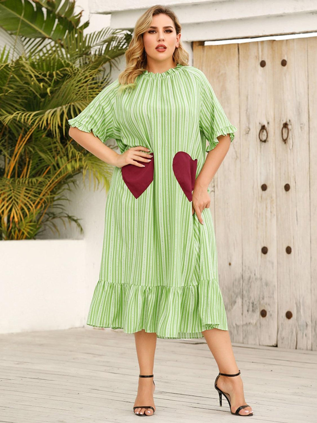 Plus Size Frill Heart Striped Half Sleeve Dress - Lucianne Boutique