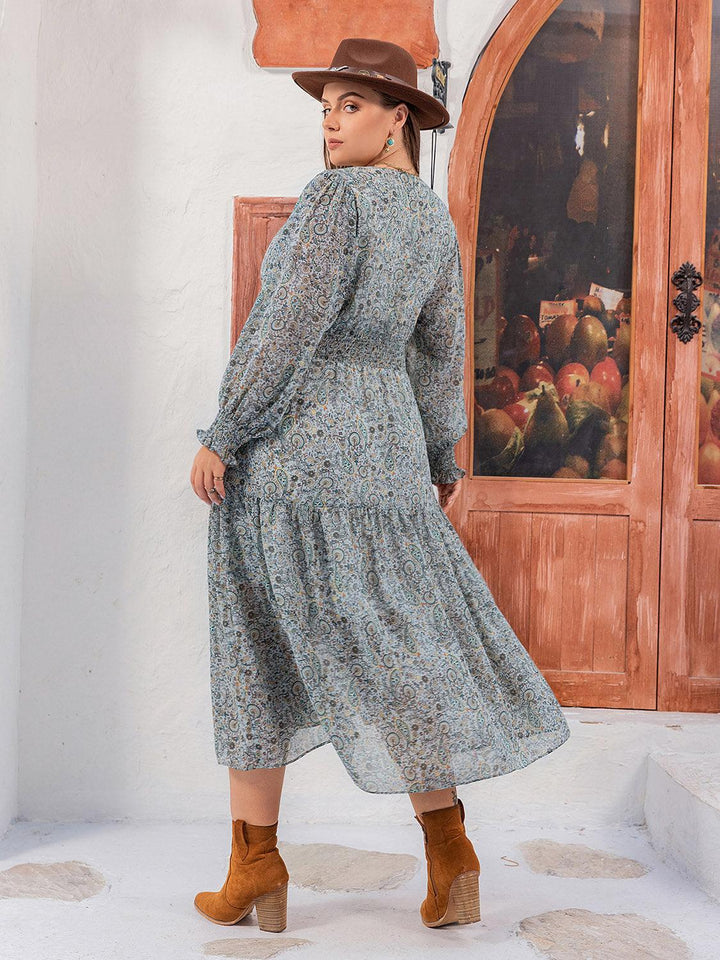 Plus Size V-Neck Long Sleeve Midi Dress - Lucianne Boutique