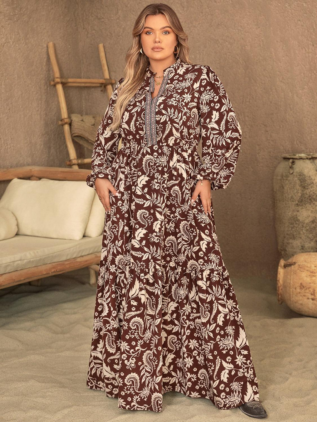 Plus Size Notched Balloon Sleeve Printed Maxi Dress - Lucianne Boutique