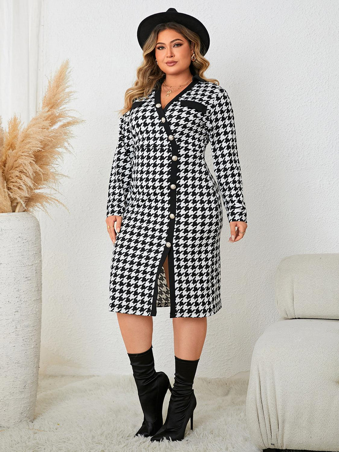 Plus Size Houndstooth Long Sleeve Slit Dress - Lucianne Boutique