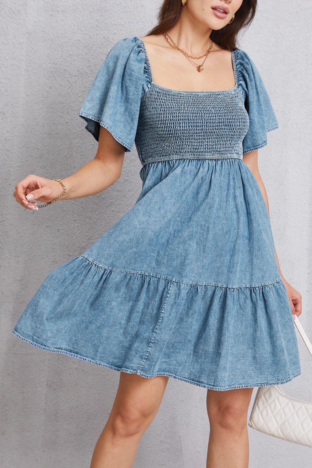 Smocked Square Neck Mini Denim Dress - Lucianne Boutique