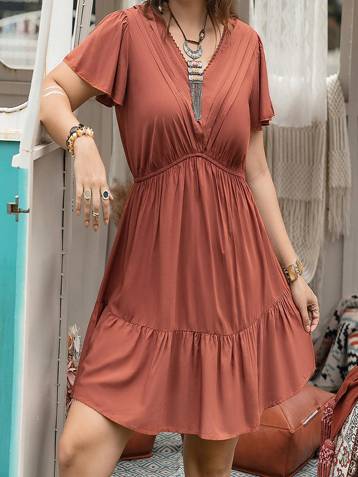 Double Take Plus Size Ruffle Hem V-Neck Short Sleeve Dress - Lucianne Boutique