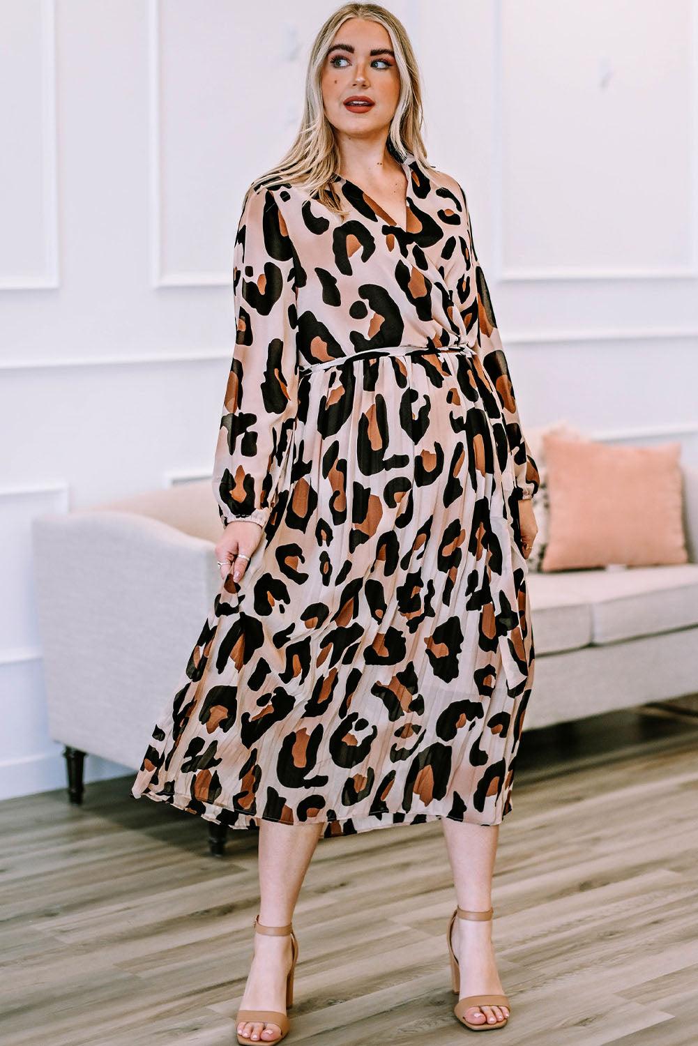 Plus Size Leopard Print Surplice Neck Long Sleeve Midi Dress - Lucianne Boutique