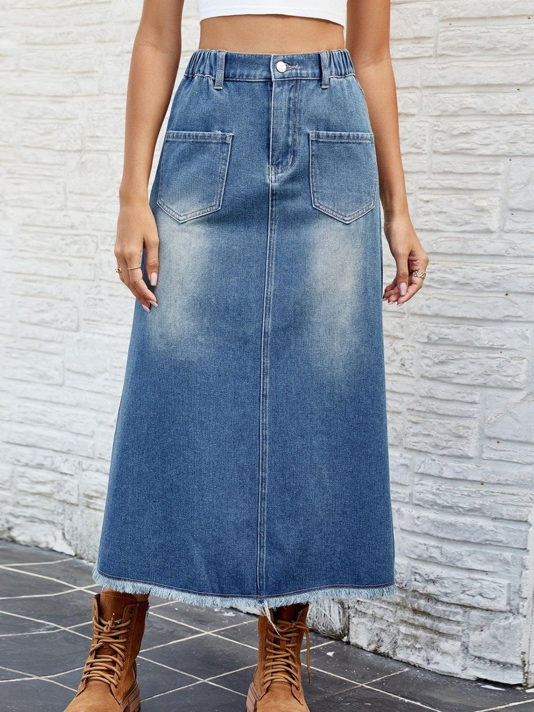 Raw Hem Buttoned Denim Skirt with Pockets - Lucianne Boutique