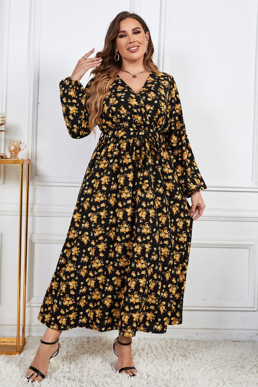Melo Apparel Plus Size Floral Surplice Neck Long Sleeve Dress - Lucianne Boutique