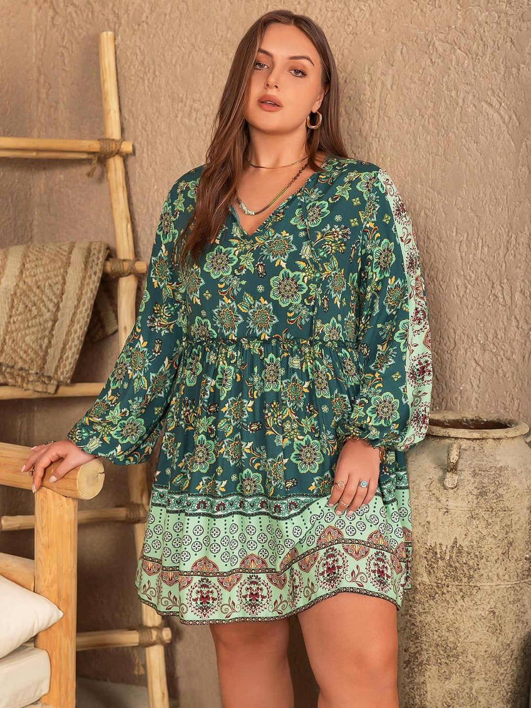 Plus Size V-Neck Balloon Sleeve Printed Mini Dress - Lucianne Boutique