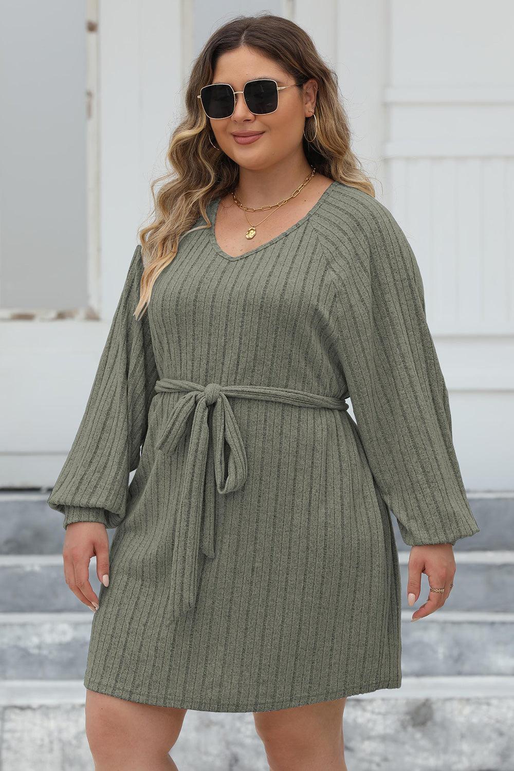 Plus Size Ribbed Tie Front Long Sleeve Sweater Dress - Lucianne Boutique