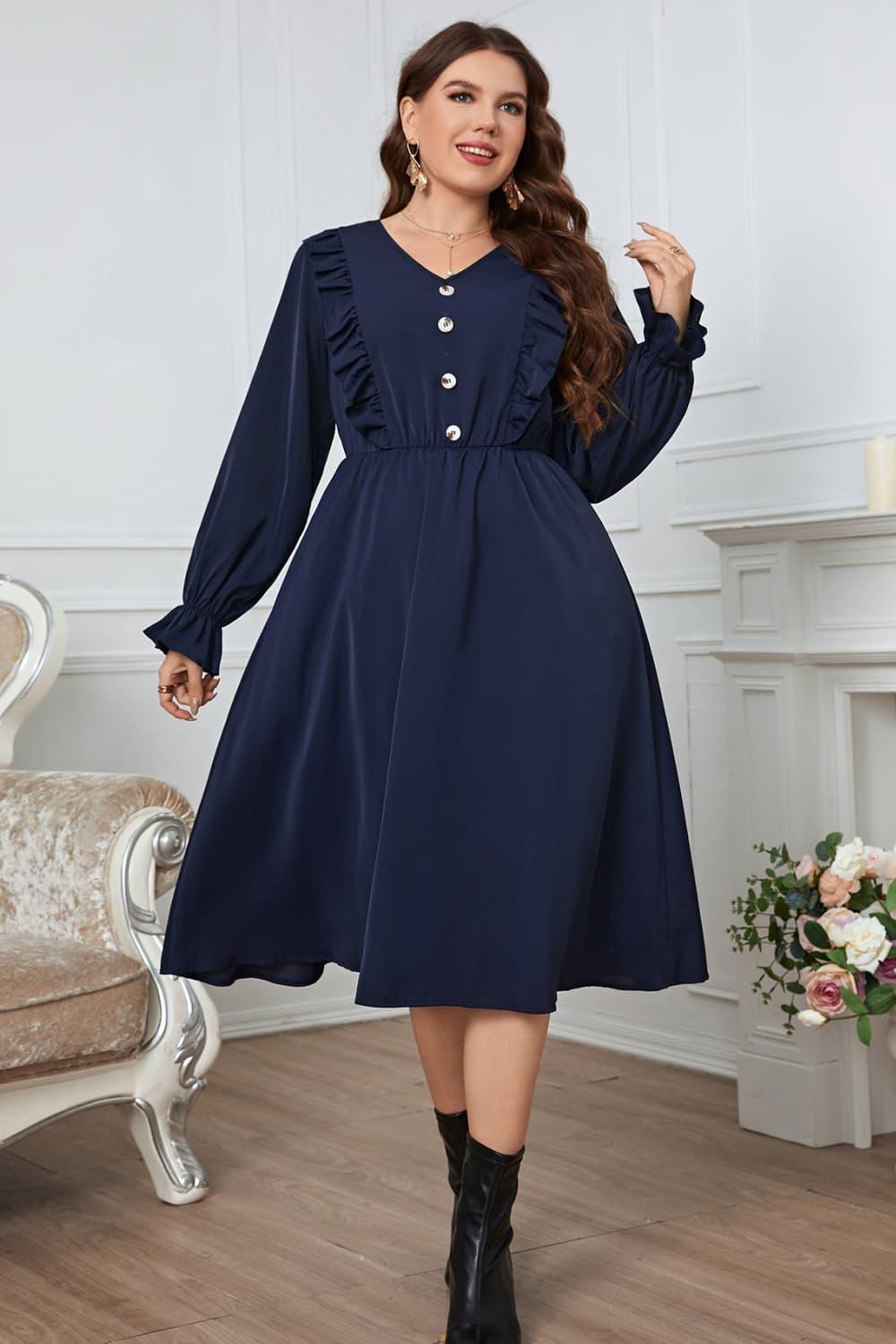 Melo Apparel Plus Size V-Neck Buttoned Flounce Sleeve Dress - Lucianne Boutique