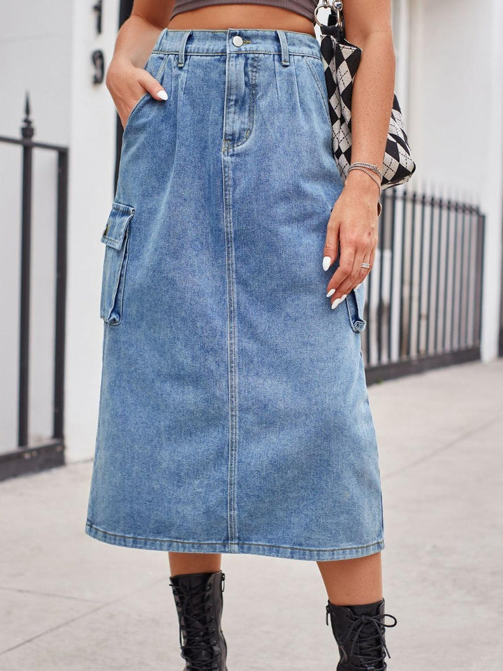 Slit Buttoned Denim Skirt with Pockets - Lucianne Boutique