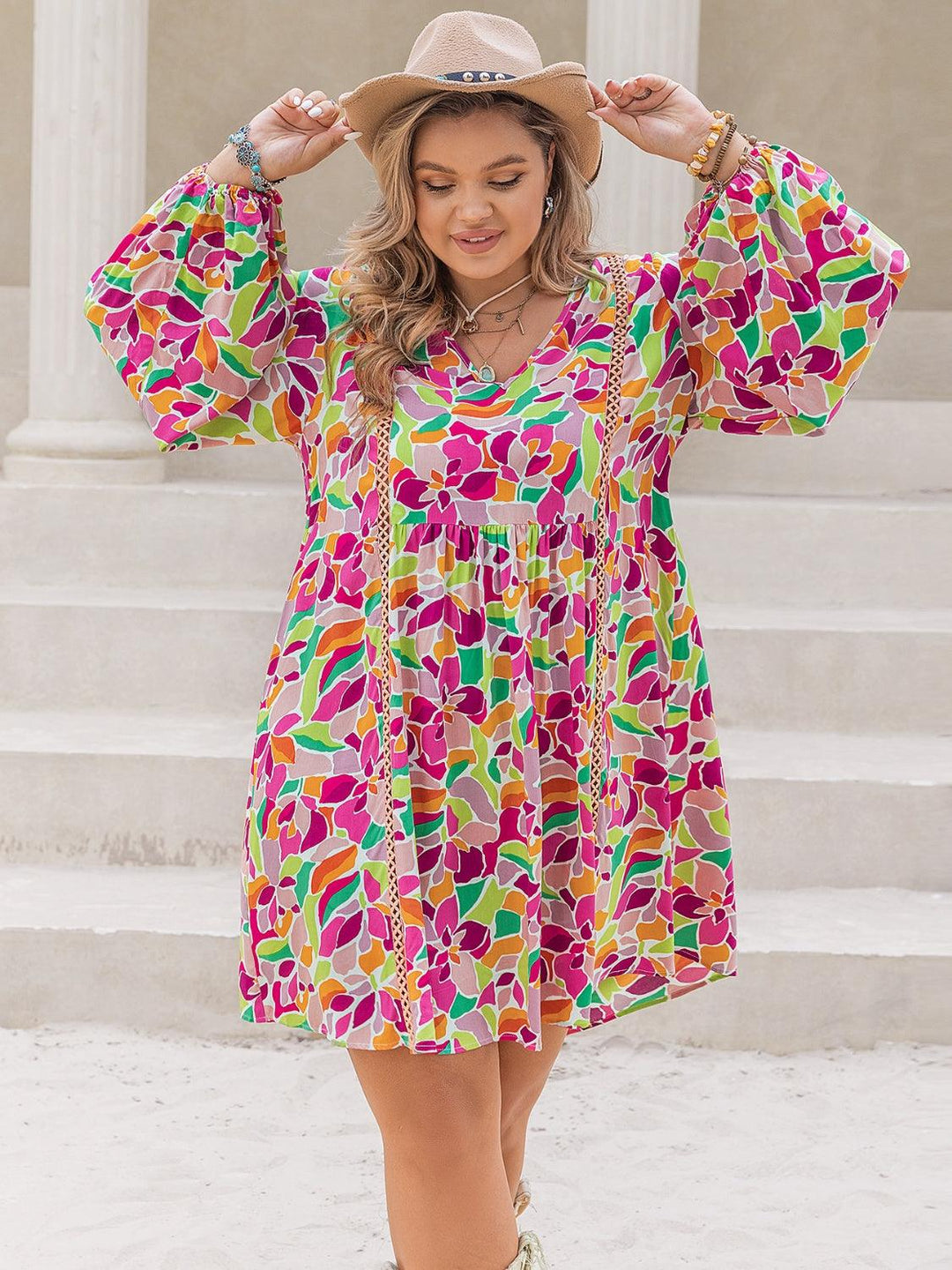 Plus Size Printed V-Neck Balloon Sleeve Mini Dress - Lucianne Boutique