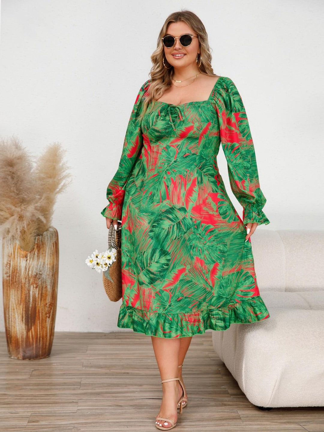 Plus Size Ruffled Square Neck Flounce Sleeve Dress - Lucianne Boutique