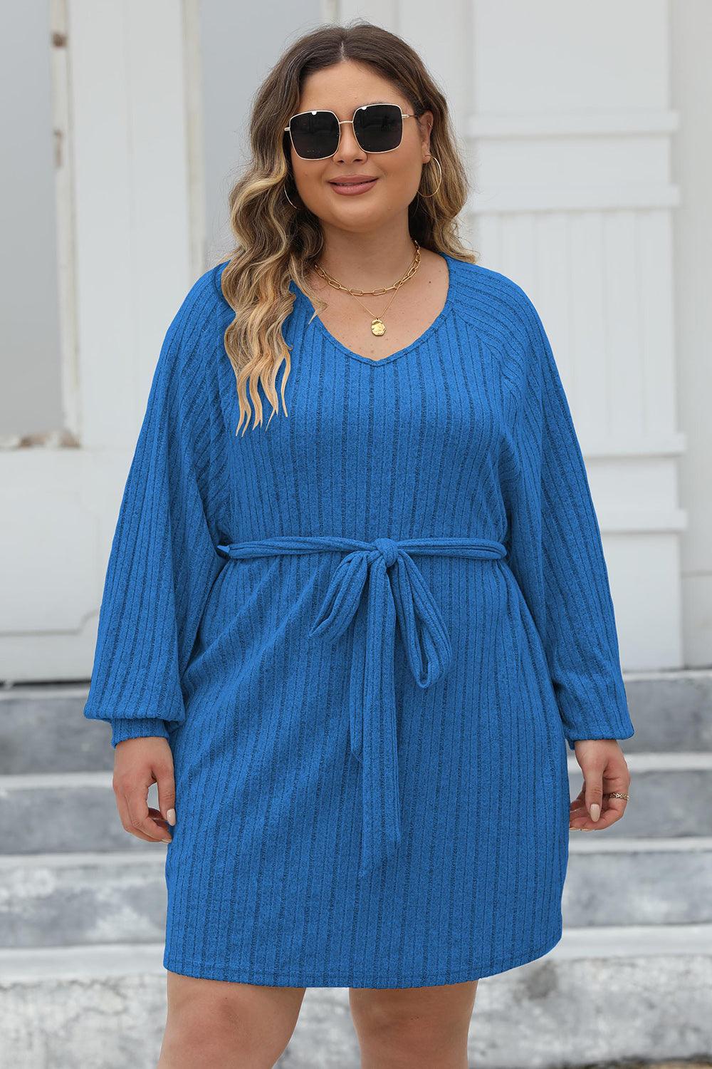 Plus Size Ribbed Tie Front Long Sleeve Sweater Dress - Lucianne Boutique