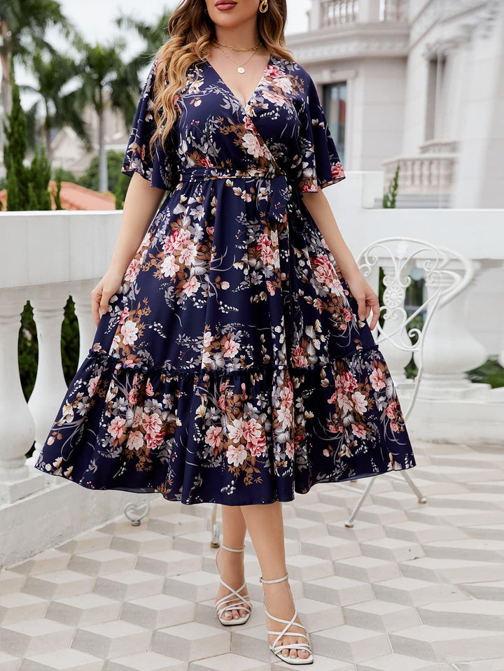 Plus Size Floral Surplice Neck Midi Dress - Lucianne Boutique