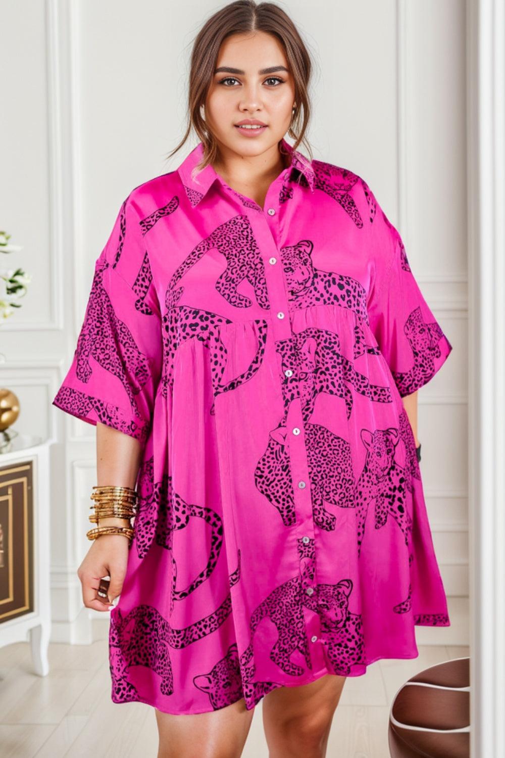 Plus Size Tiger Printed Button Up Half Sleeve Dress - Lucianne Boutique