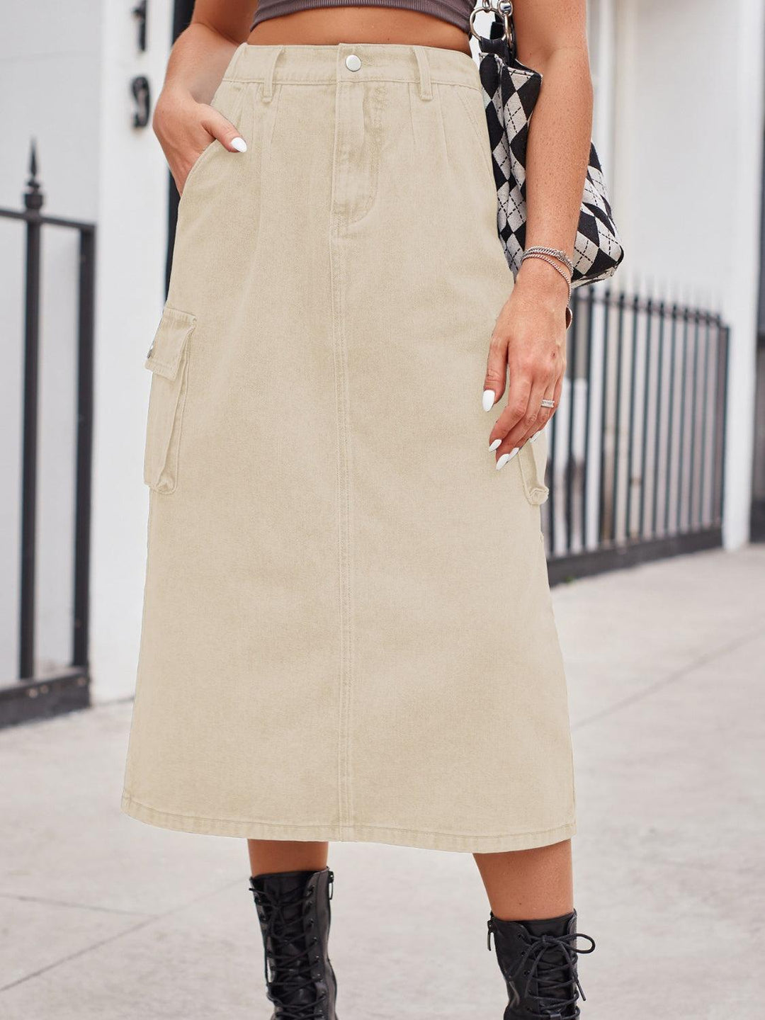 Slit Buttoned Denim Skirt with Pockets - Lucianne Boutique