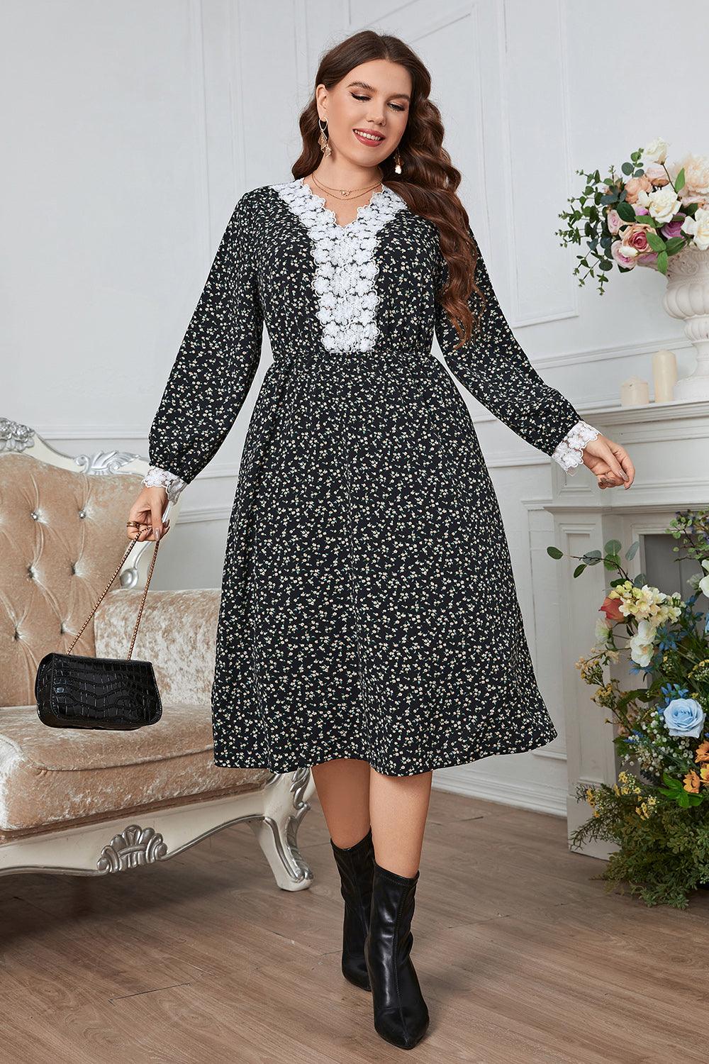 Plus Size Lace Detail V-Neck Dress - Lucianne Boutique