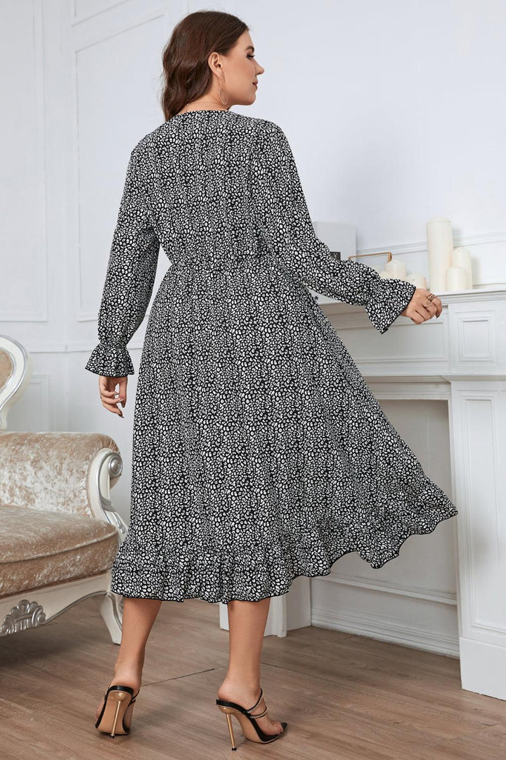 Melo Apparel Plus Size Printed V-Neck Flounce Sleeve Midi Dress - Lucianne Boutique
