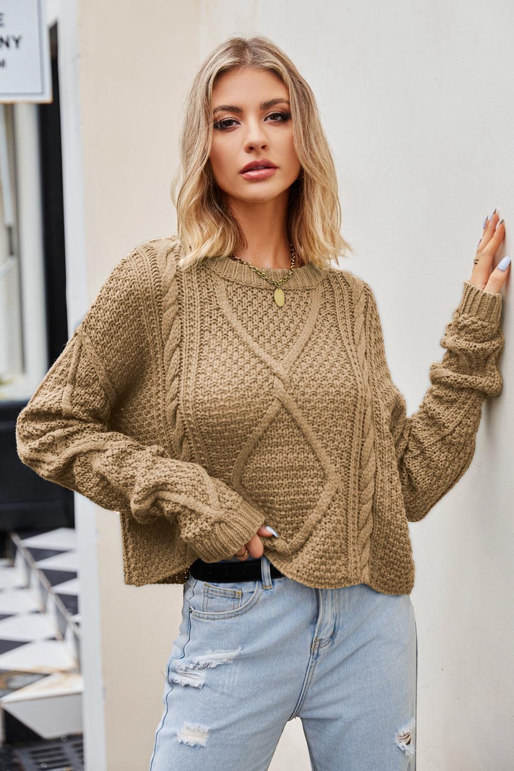Cable-Knit Round Neck Dropped Shoulder Sweater - Lucianne Boutique