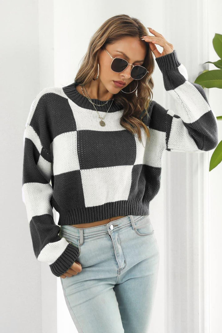Color Block Round Neck Dropped Shoulder Sweater - Lucianne Boutique