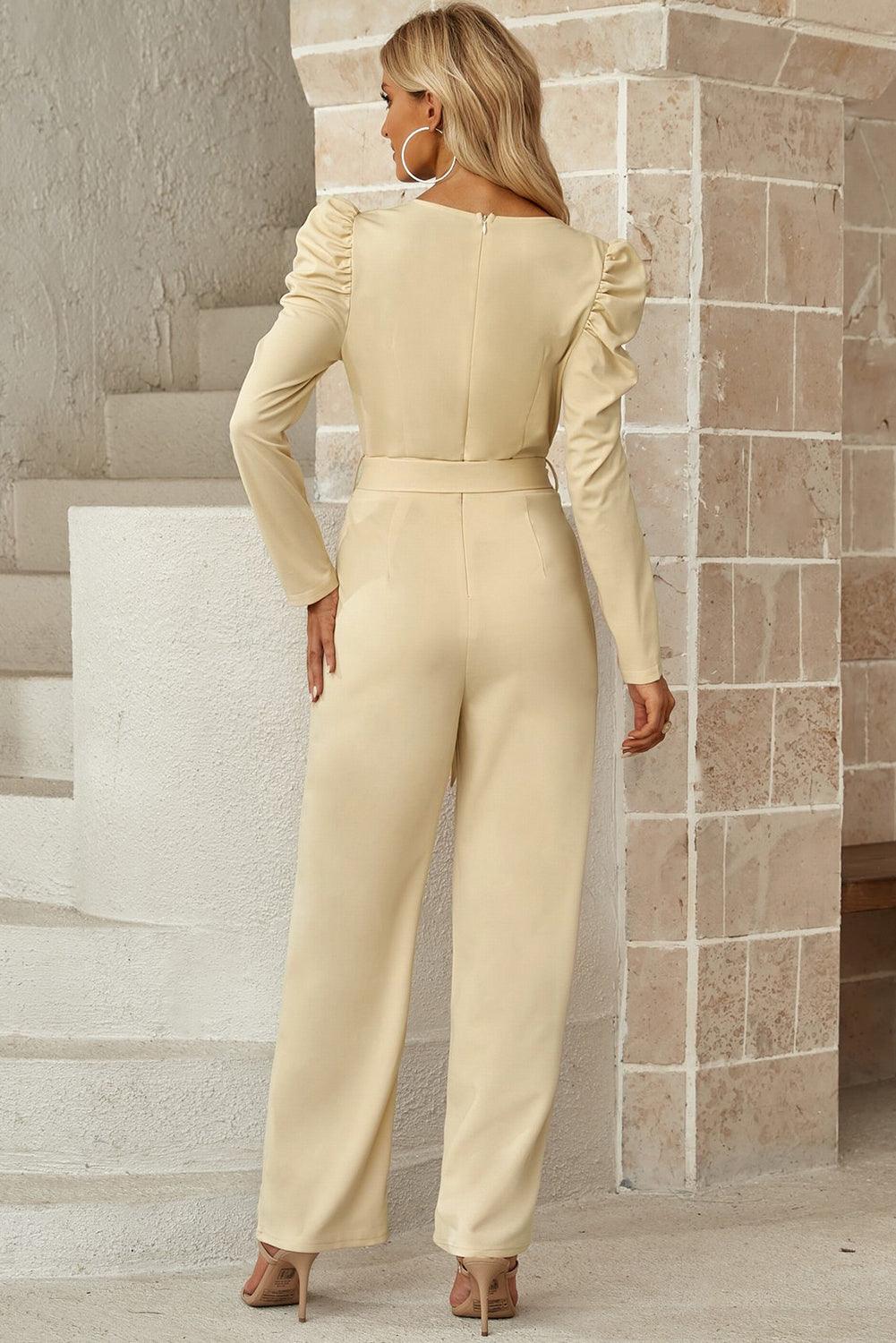 Belted Long Puff Sleeve V-Neck Jumpsuit - Lucianne Boutique