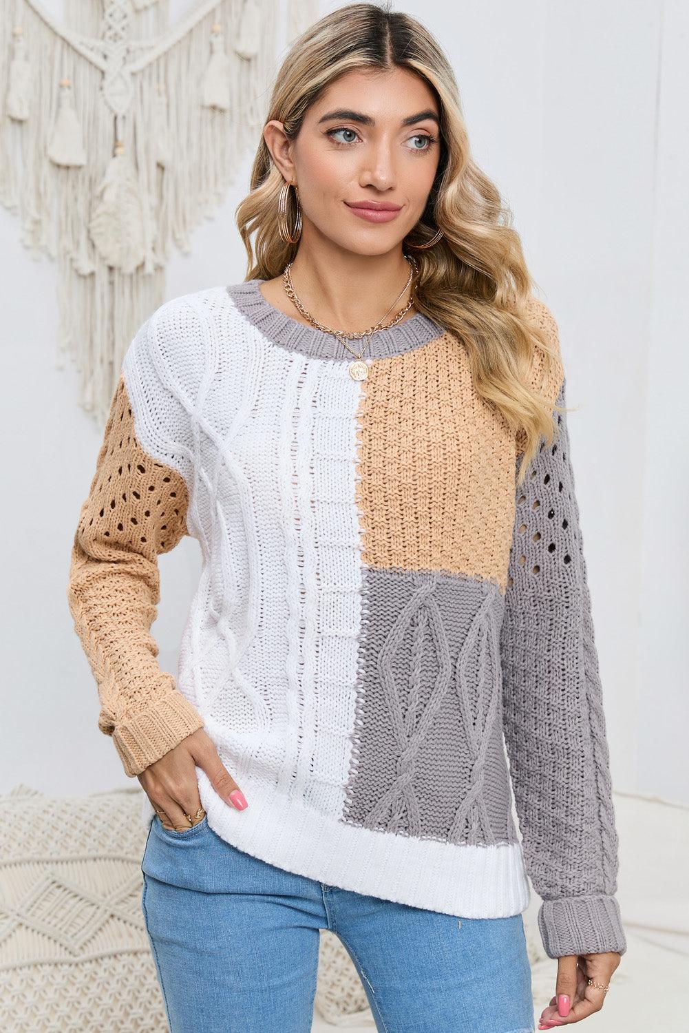 Cable-Knit Openwork Round Neck Color Block Sweater - Lucianne Boutique