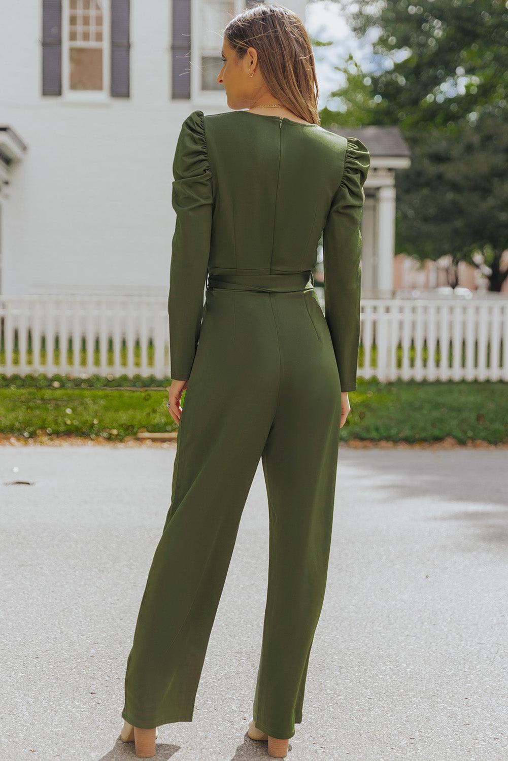 Belted Long Puff Sleeve V-Neck Jumpsuit - Lucianne Boutique