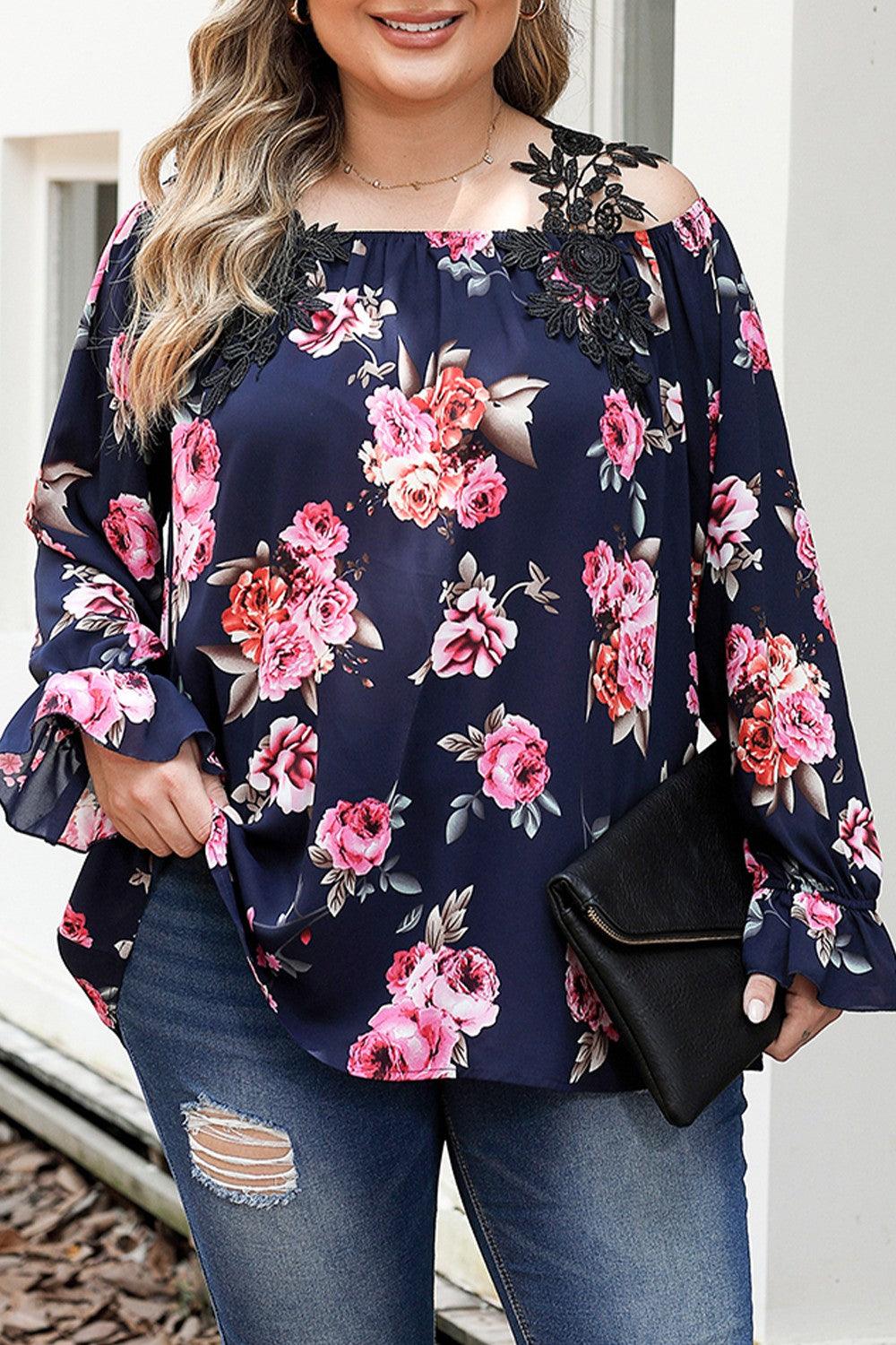 Plus Size Floral Flounce Sleeve Blouse - Lucianne Boutique