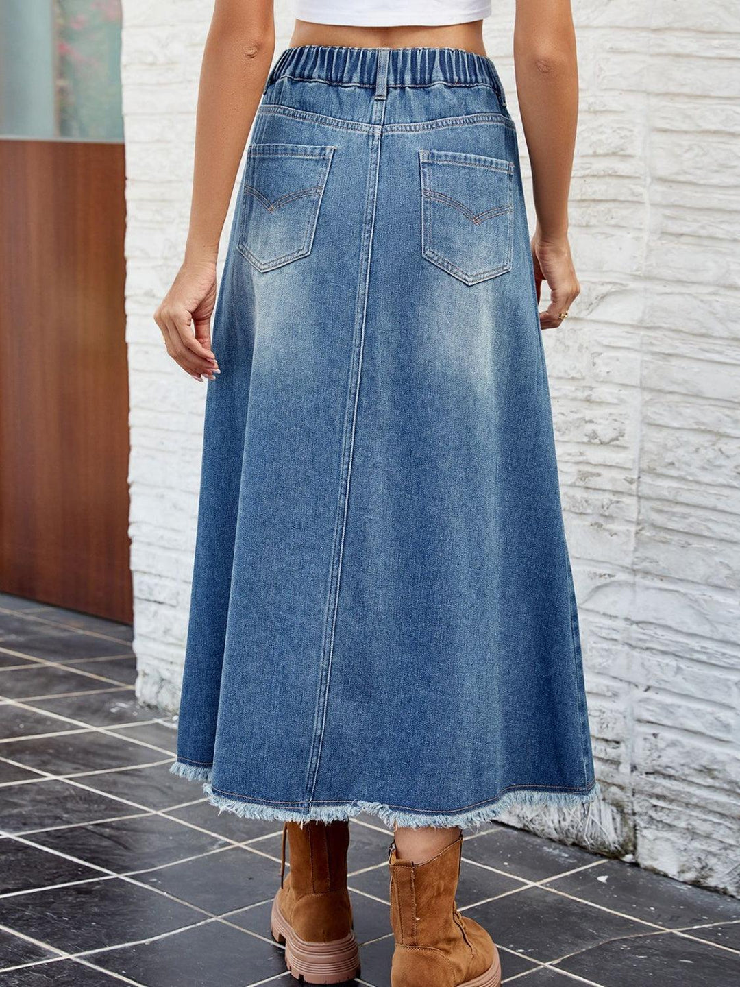 Raw Hem Buttoned Denim Skirt with Pockets - Lucianne Boutique