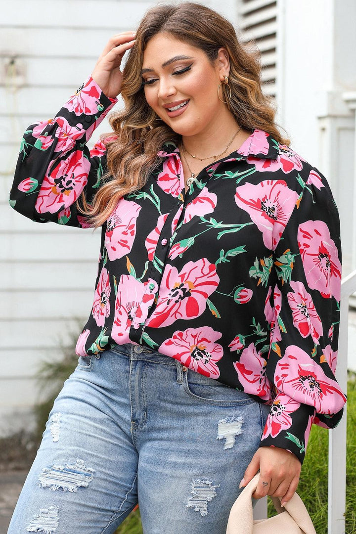 Plus Size Printed Collared Neck Long Sleeve Shirt - Lucianne Boutique