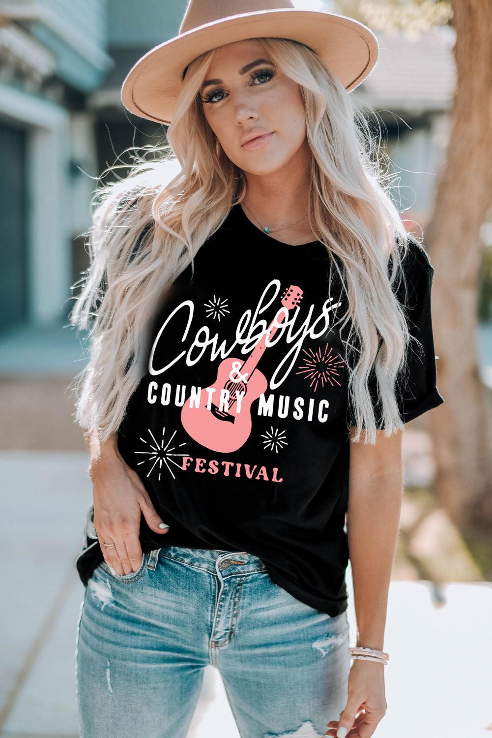 COWBOYS COUNTRY MUSIC Round Neck T-Shirt - Lucianne Boutique